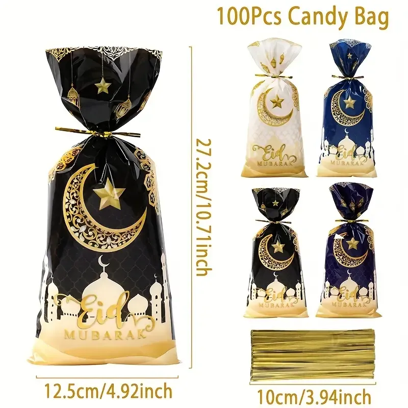 100pcs, Eid Mubarak Gift Bags Candy Cookie Bag Ramadan Kareem