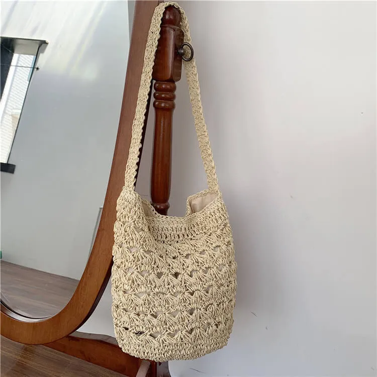 Bali Straw Sling Bucket Tote Bag-Showtown