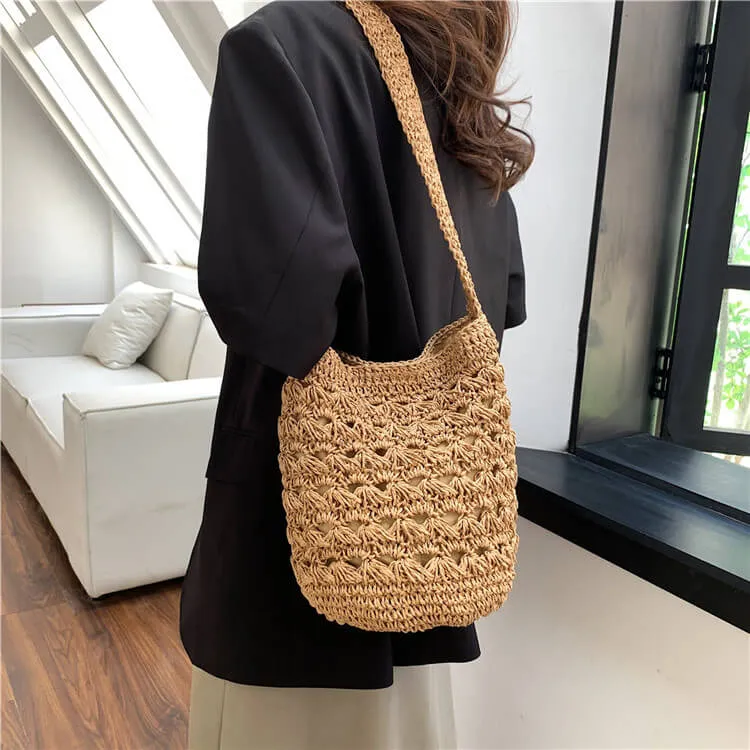 Bali Straw Sling Bucket Tote Bag-Showtown