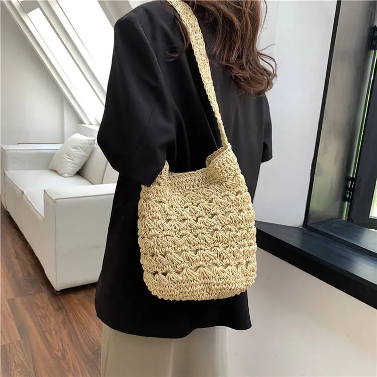 Bali Straw Sling Bucket Tote Bag-Showtown