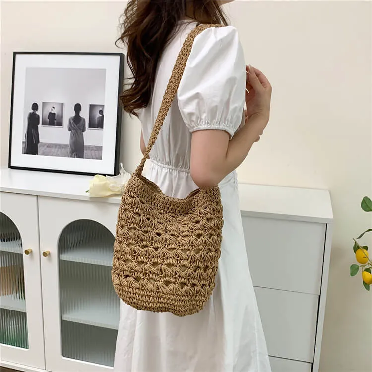 Bali Straw Sling Bucket Tote Bag-Showtown