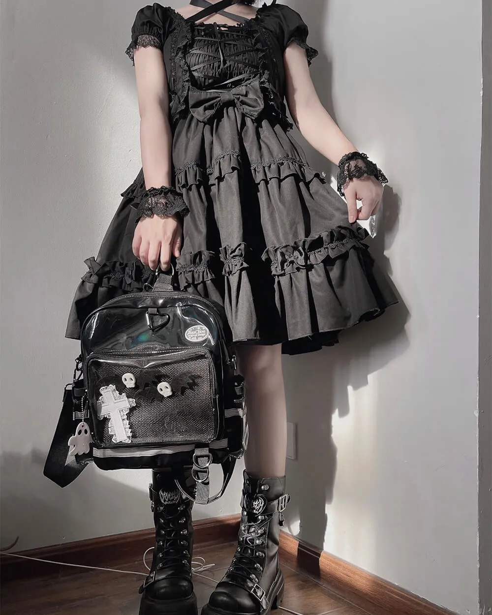 Black Laser PU Ita Backpack Crossbody Bag Halloween