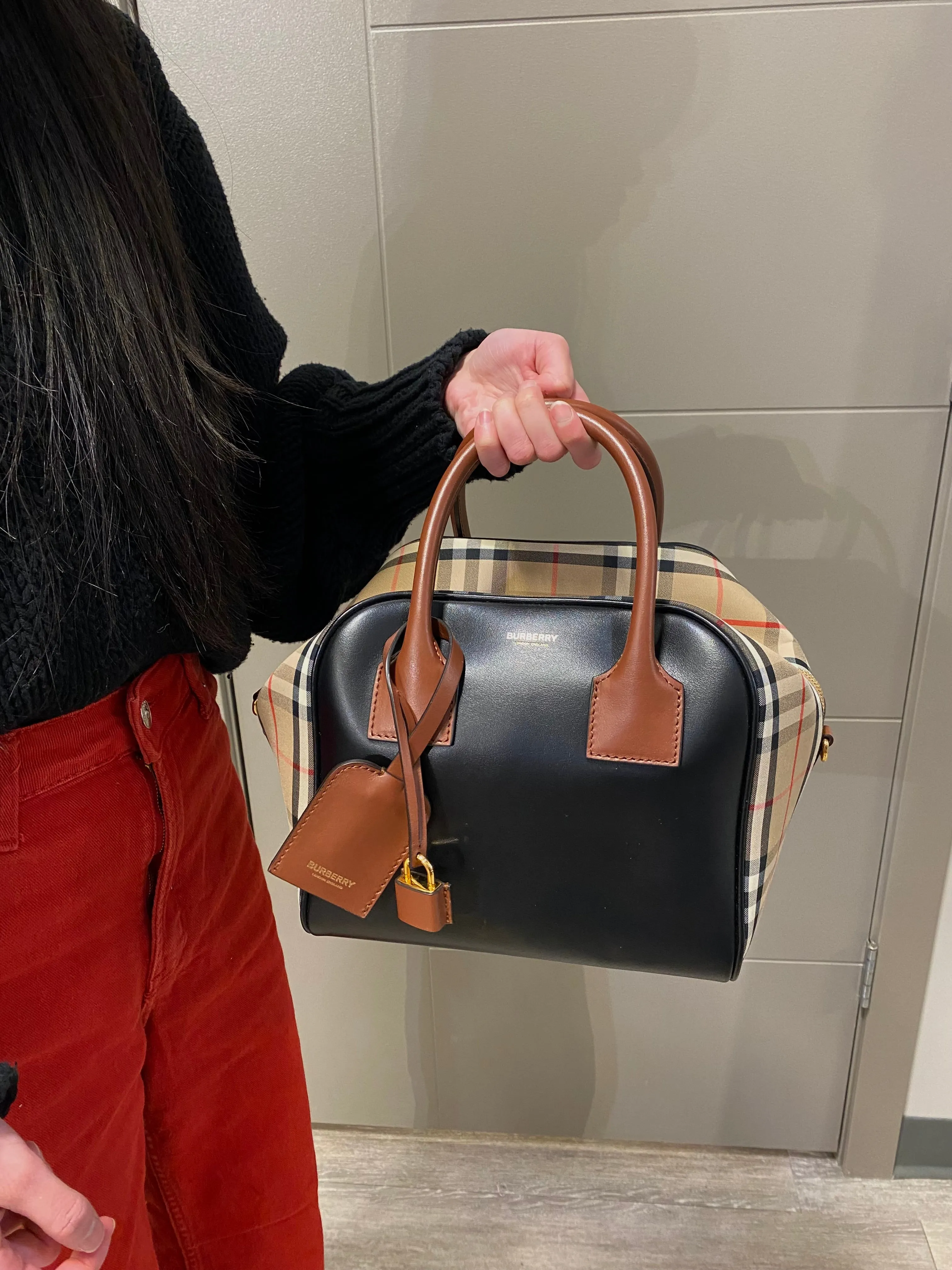 Calfskin Check Cube Bowling Bag