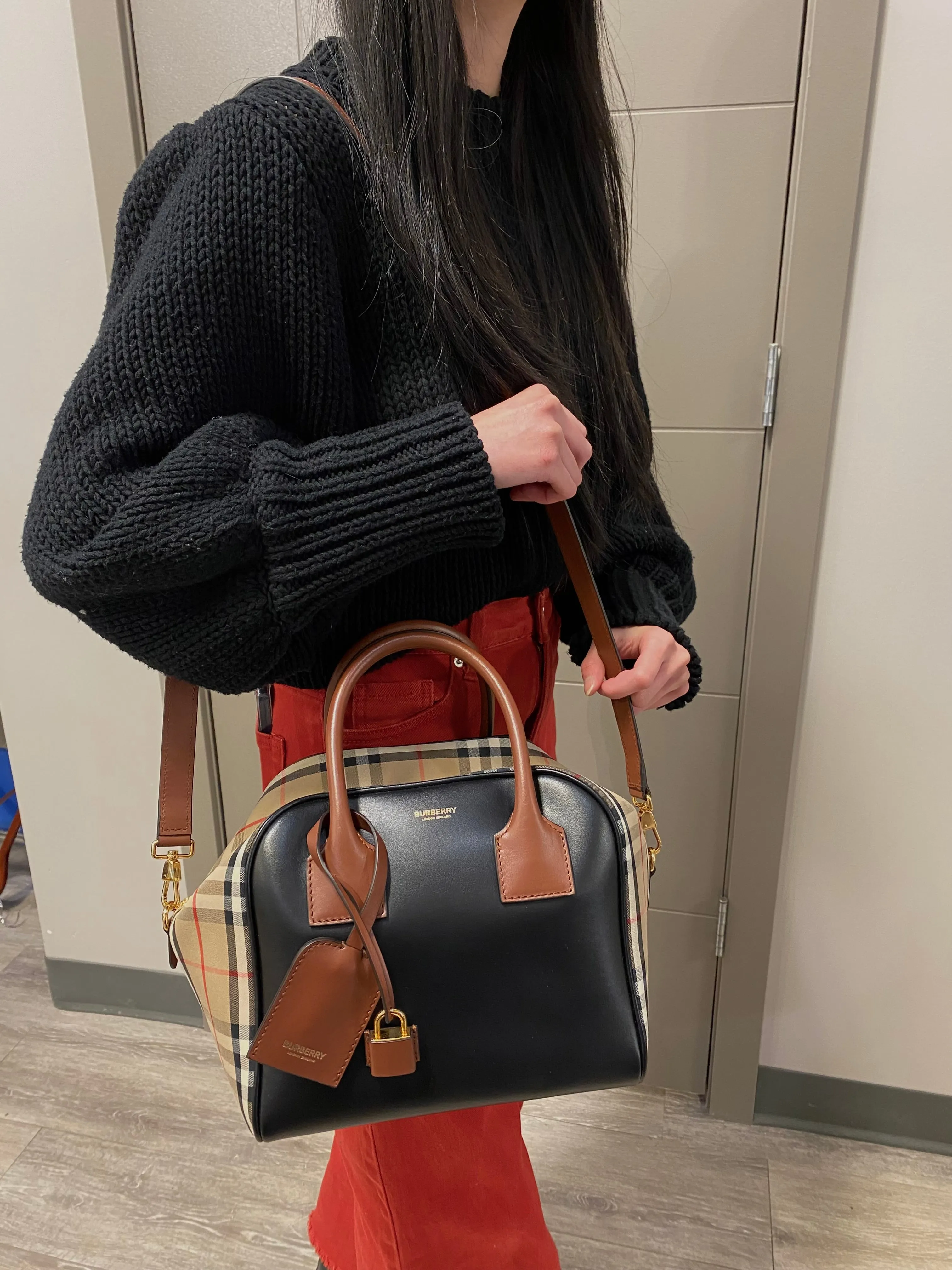 Calfskin Check Cube Bowling Bag