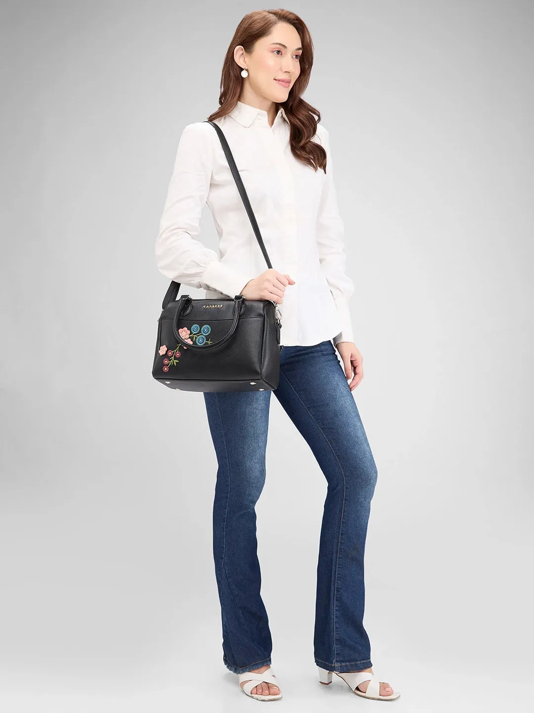 Caprese Erica Satchel Medium Black Embroidered Women'S Handbag Black