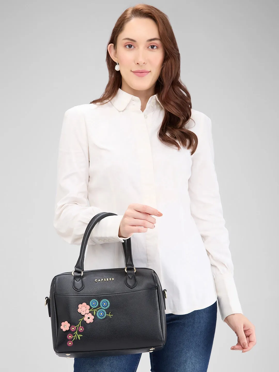 Caprese Erica Satchel Medium Black Embroidered Women'S Handbag Black