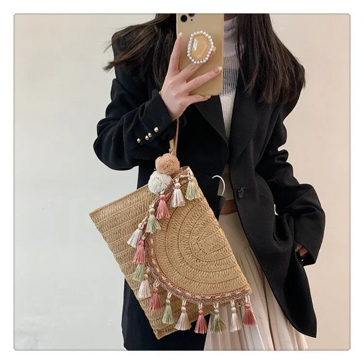 Designer Straw Clutch Handbag with Tassel and Pom Pom-Showtown
