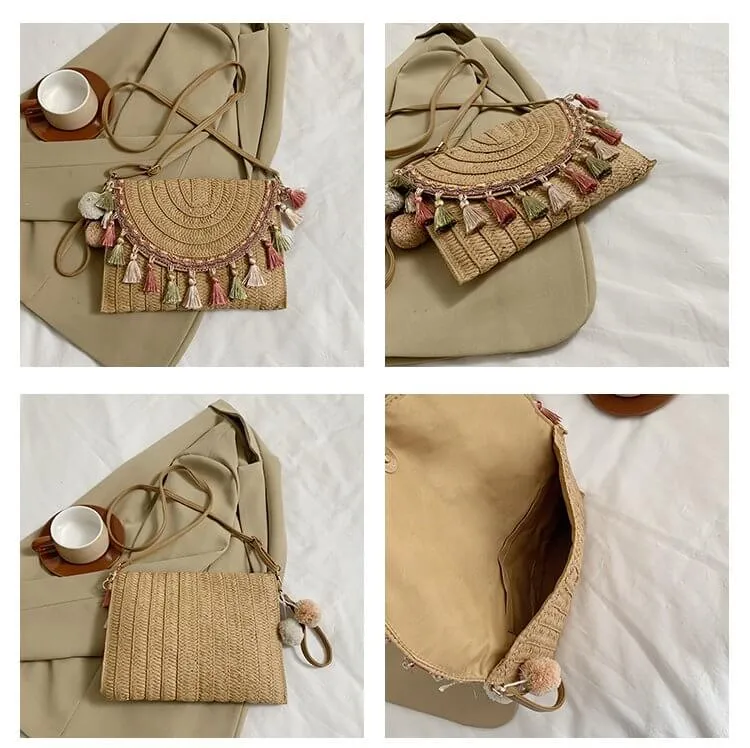 Designer Straw Clutch Handbag with Tassel and Pom Pom-Showtown