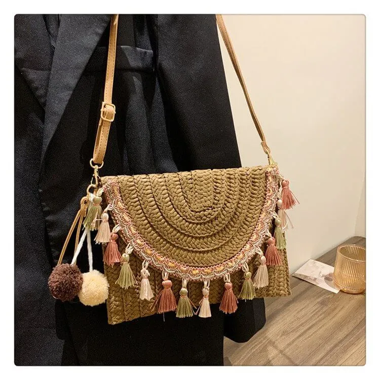Designer Straw Clutch Handbag with Tassel and Pom Pom-Showtown