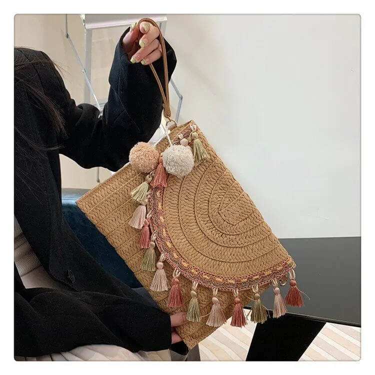 Designer Straw Clutch Handbag with Tassel and Pom Pom-Showtown