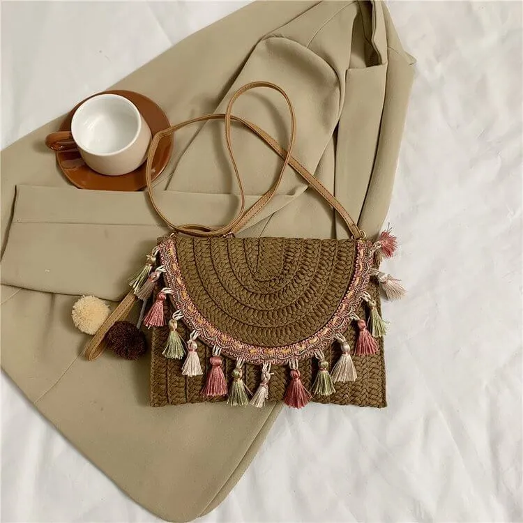 Designer Straw Clutch Handbag with Tassel and Pom Pom-Showtown