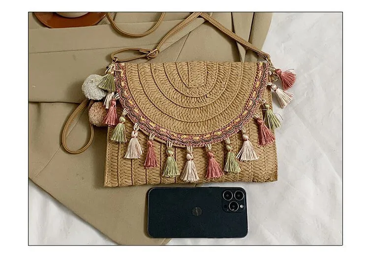 Designer Straw Clutch Handbag with Tassel and Pom Pom-Showtown