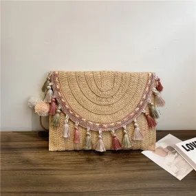Designer Straw Clutch Handbag with Tassel and Pom Pom-Showtown