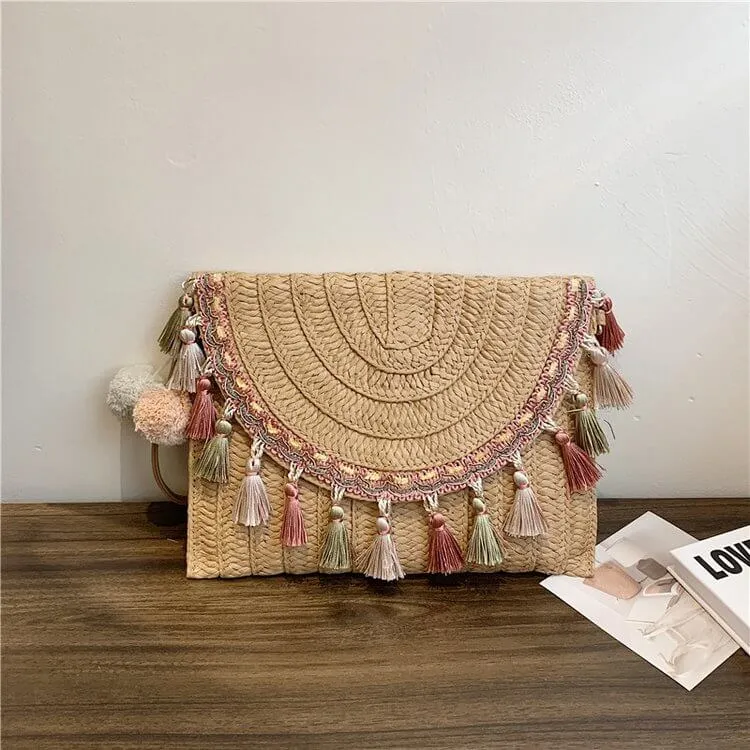Designer Straw Clutch Handbag with Tassel and Pom Pom-Showtown