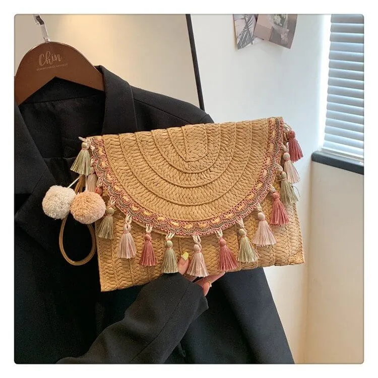 Designer Straw Clutch Handbag with Tassel and Pom Pom-Showtown