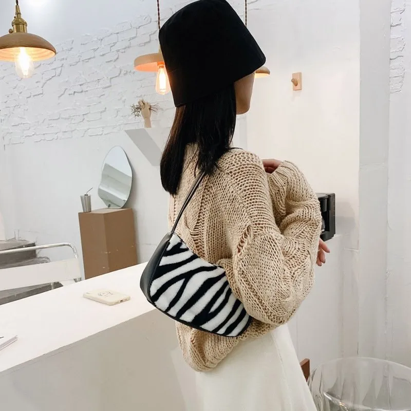 Fashion Chic Zebra Cow Pattern Plush Underarm Bag
