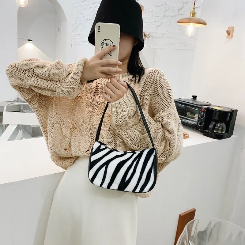Fashion Chic Zebra Cow Pattern Plush Underarm Bag