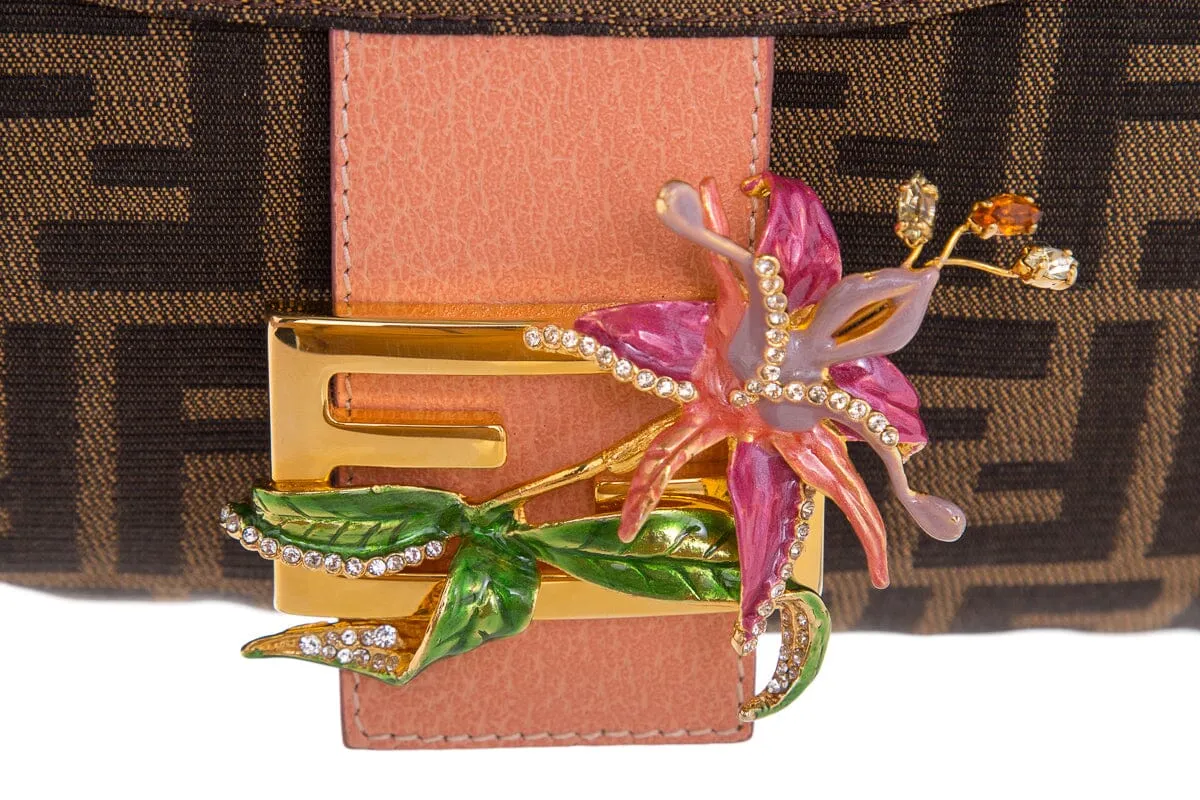 Fendi Brown Zucca Print Baguette Limited Edition Floral Embellishment Handbag