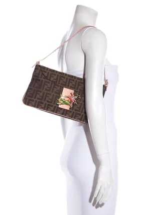 Fendi Brown Zucca Print Baguette Limited Edition Floral Embellishment Handbag