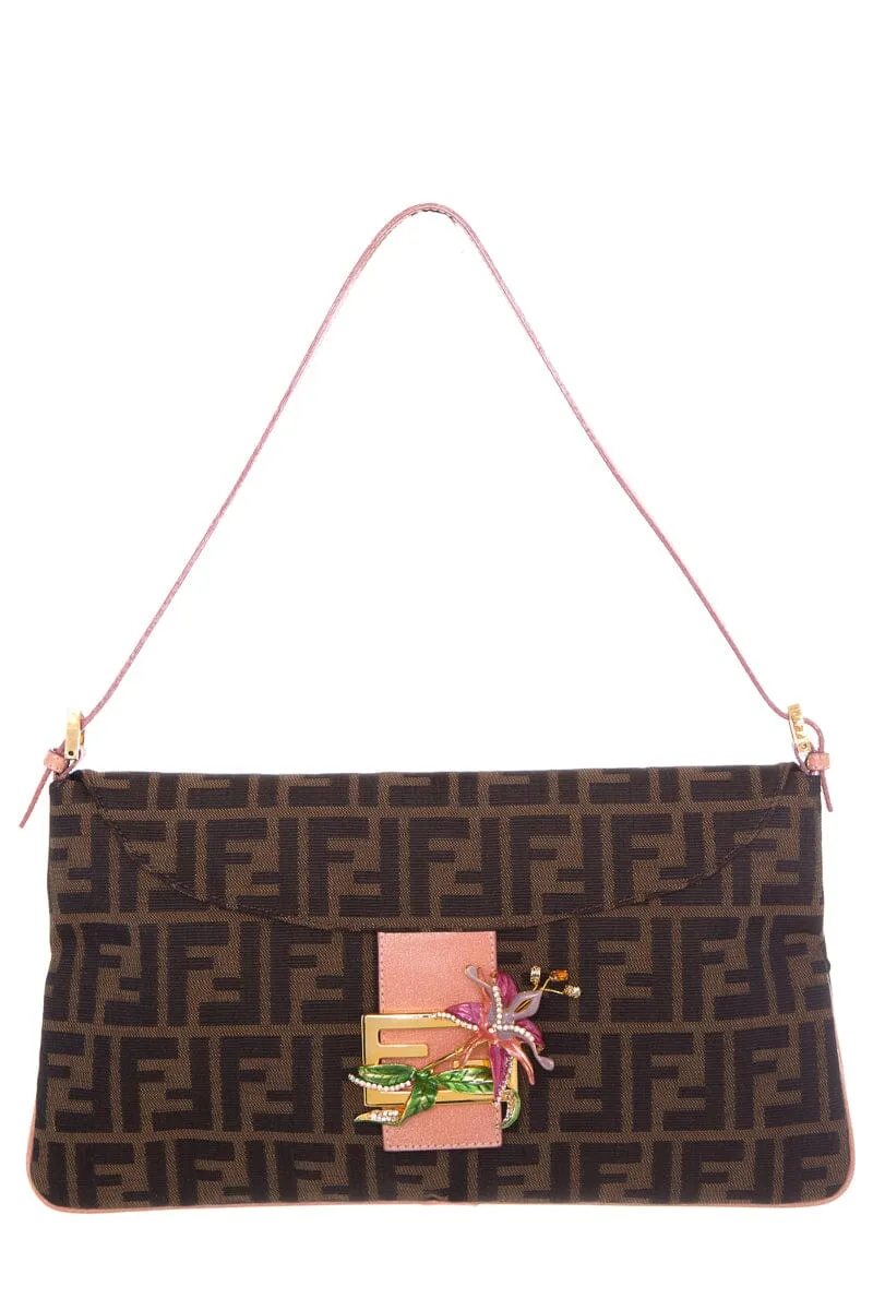 Fendi Brown Zucca Print Baguette Limited Edition Floral Embellishment Handbag