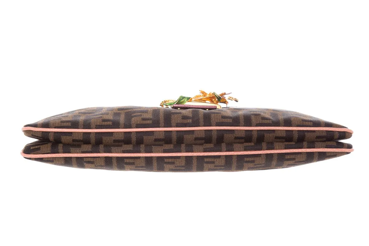 Fendi Brown Zucca Print Baguette Limited Edition Floral Embellishment Handbag