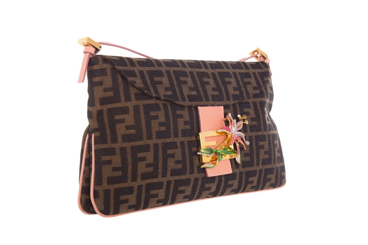 Fendi Brown Zucca Print Baguette Limited Edition Floral Embellishment Handbag