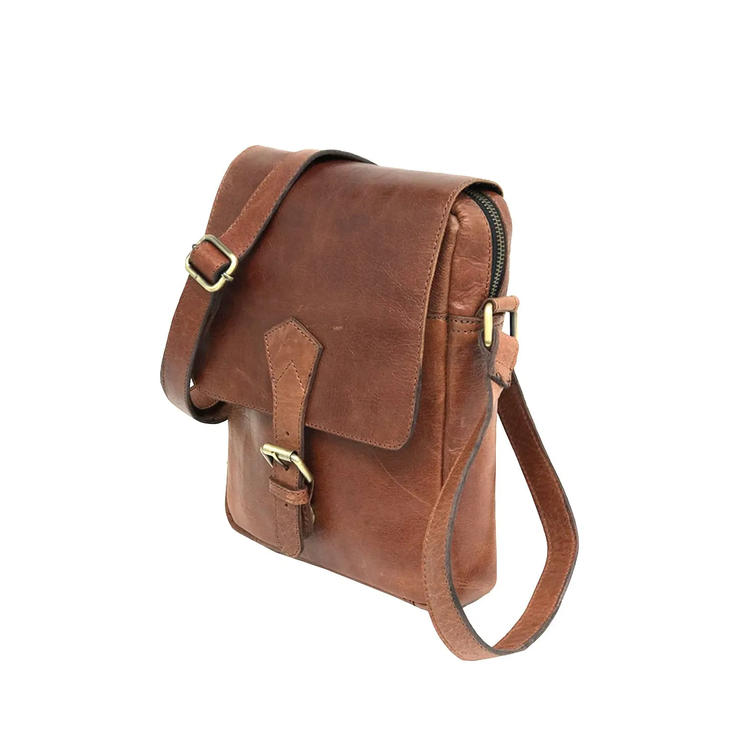 Full-grain Buffalo Leather Sling Messenger Bag - Marbled Brown