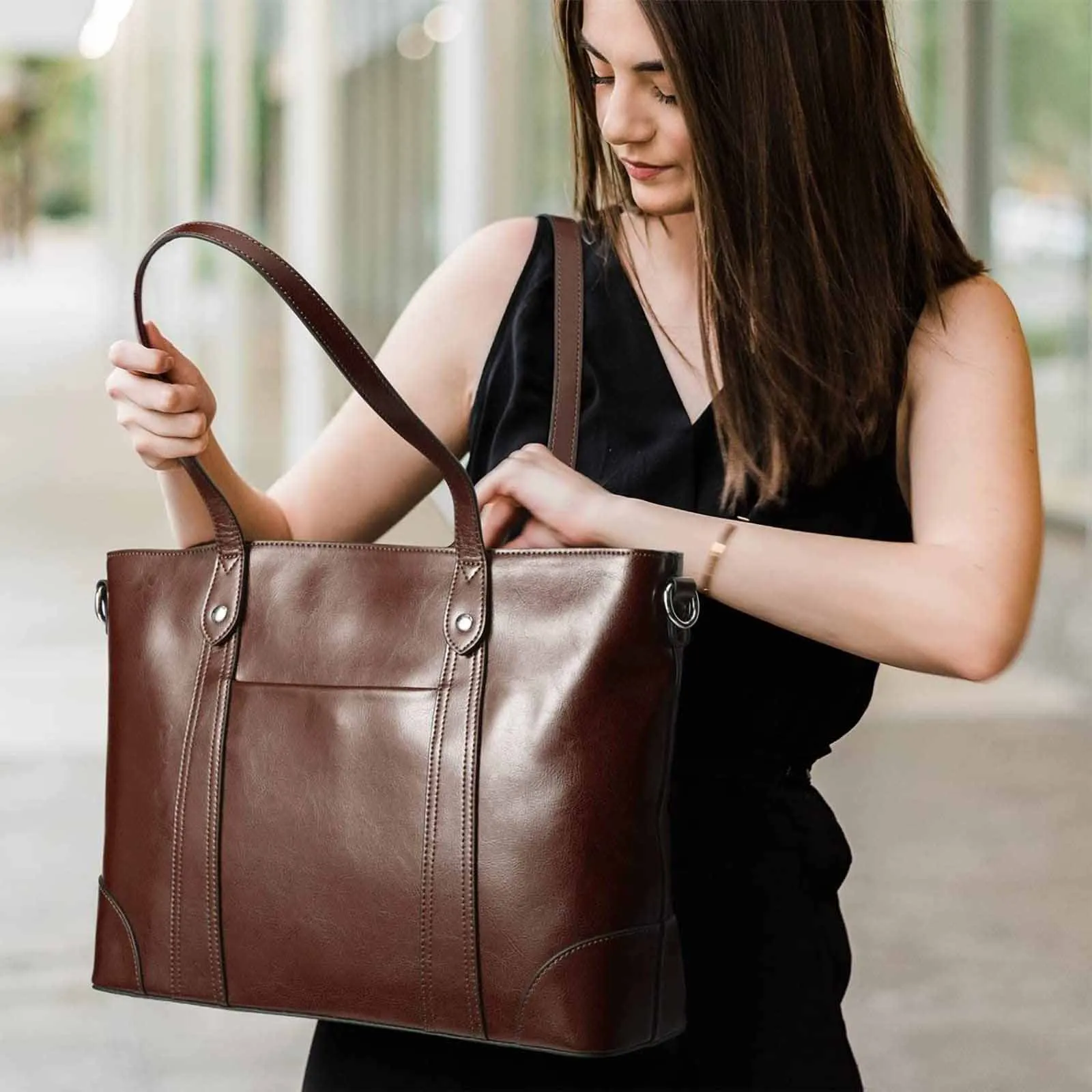 Leather Laptop Tote Handbag for Women