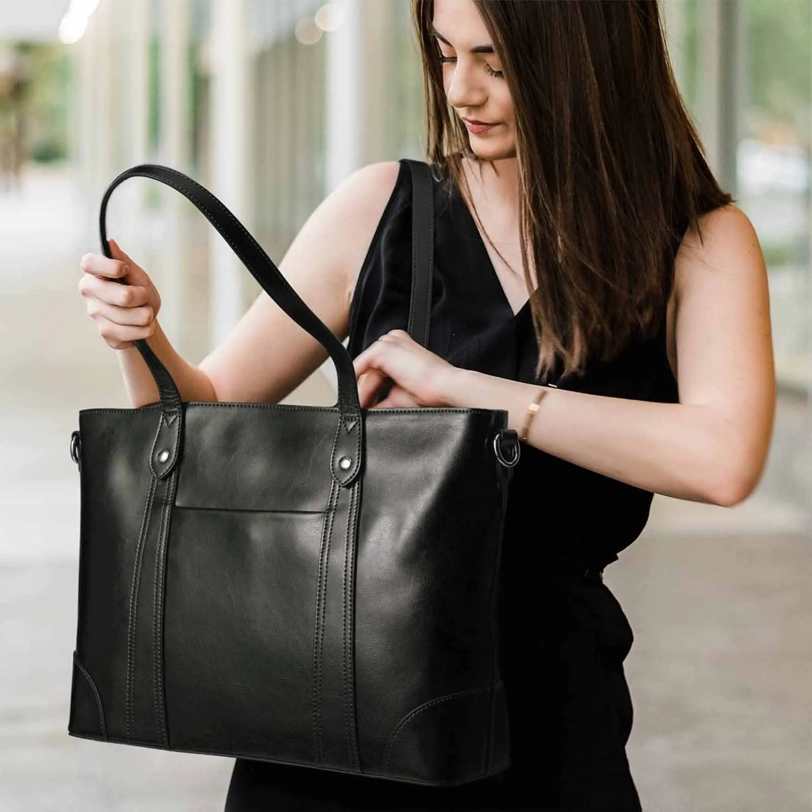 Leather Laptop Tote Handbag for Women