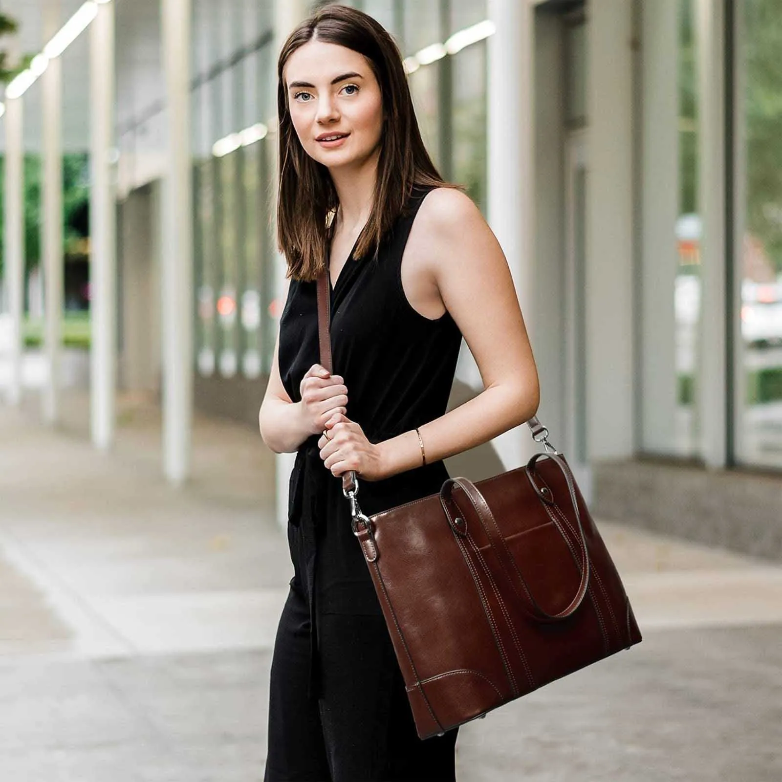 Leather Laptop Tote Handbag for Women