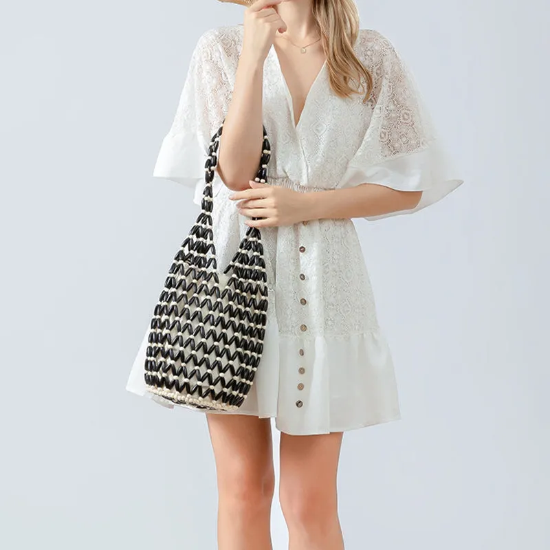 Minimalist Bead Shoulder Bag For Women Drawstring Lining Purse