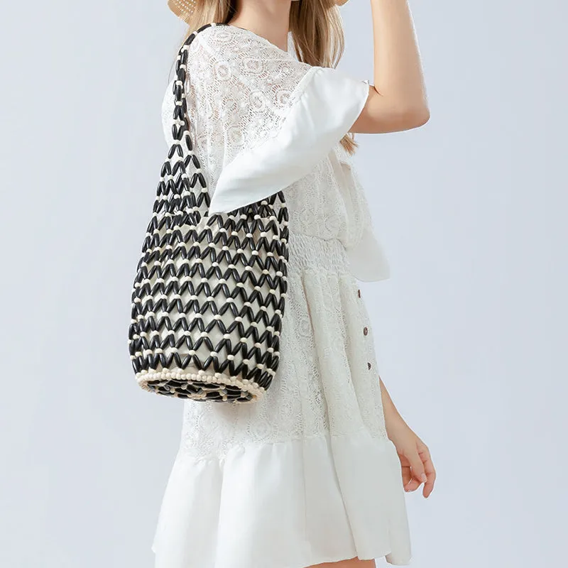Minimalist Bead Shoulder Bag For Women Drawstring Lining Purse