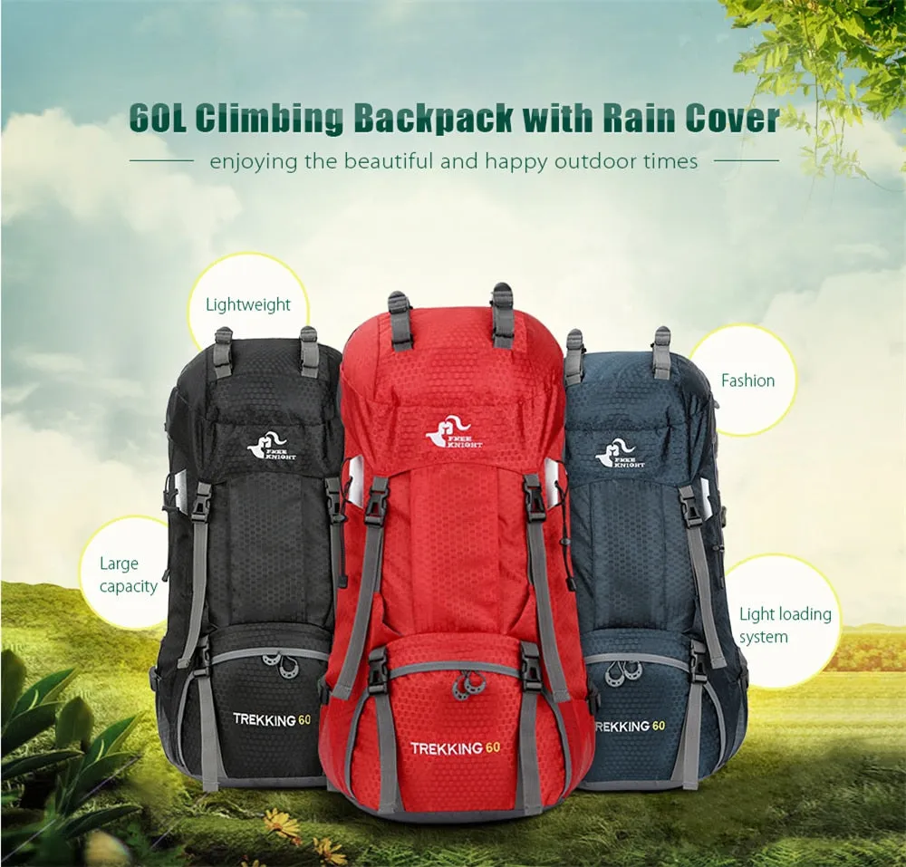 Mochila para acampar al aire libre de 60L con cubierta para lluvia