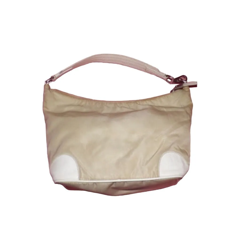 Prada, Re-edition 2005, mod retro, khaki nylon & white leather bowling bag/satchel style purse with a wide leather strap and chrome accents