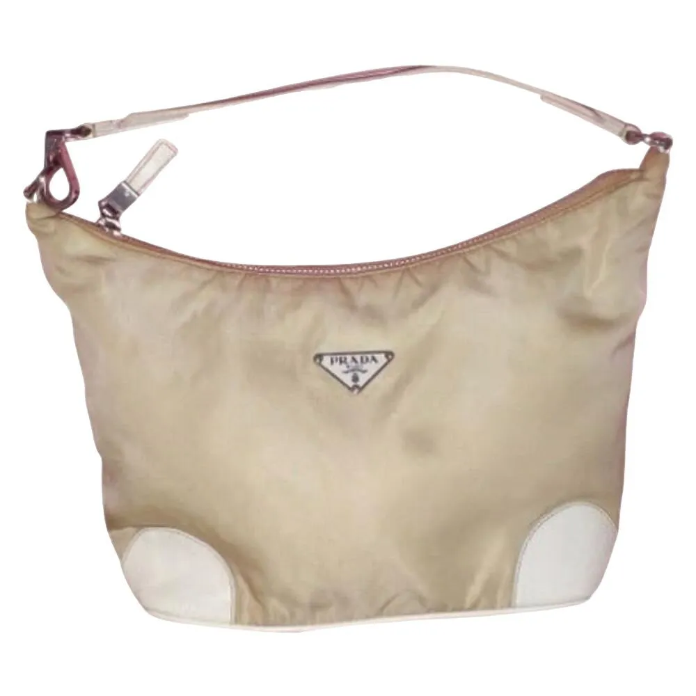 Prada, Re-edition 2005, mod retro, khaki nylon & white leather bowling bag/satchel style purse with a wide leather strap and chrome accents