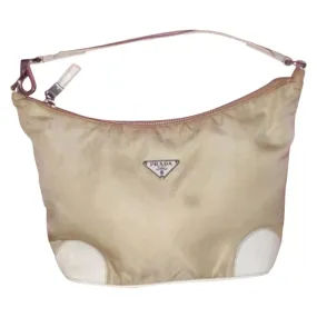 Prada, Re-edition 2005, mod retro, khaki nylon & white leather bowling bag/satchel style purse with a wide leather strap and chrome accents