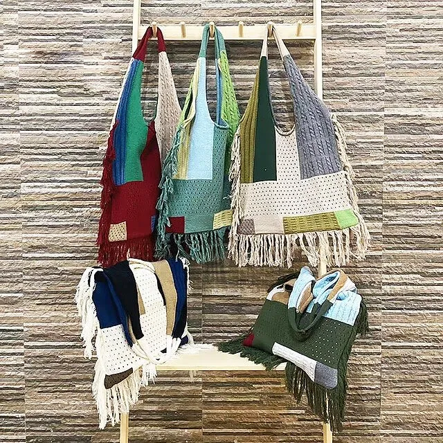 Tassel Shoulder Bag For Women Simple Retro Spliced Knitted Bag