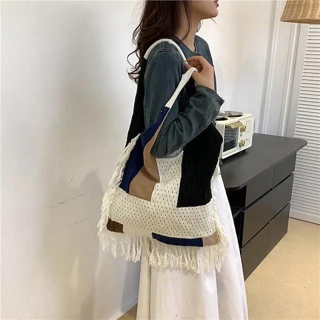 Tassel Shoulder Bag For Women Simple Retro Spliced Knitted Bag