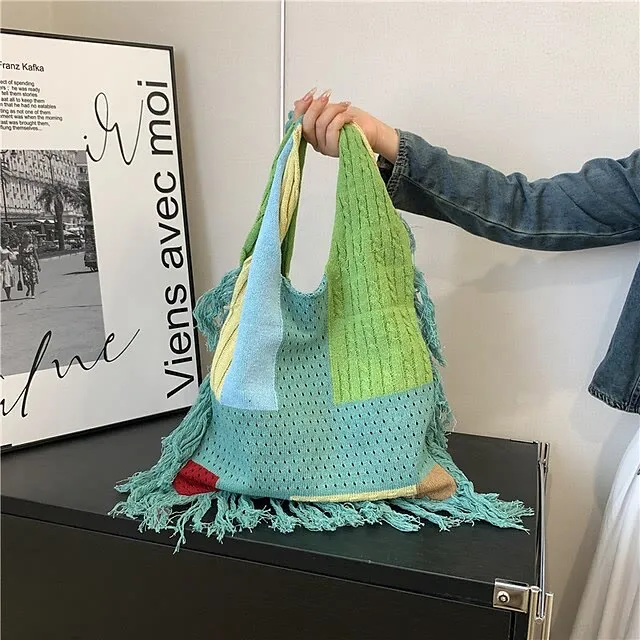 Tassel Shoulder Bag For Women Simple Retro Spliced Knitted Bag