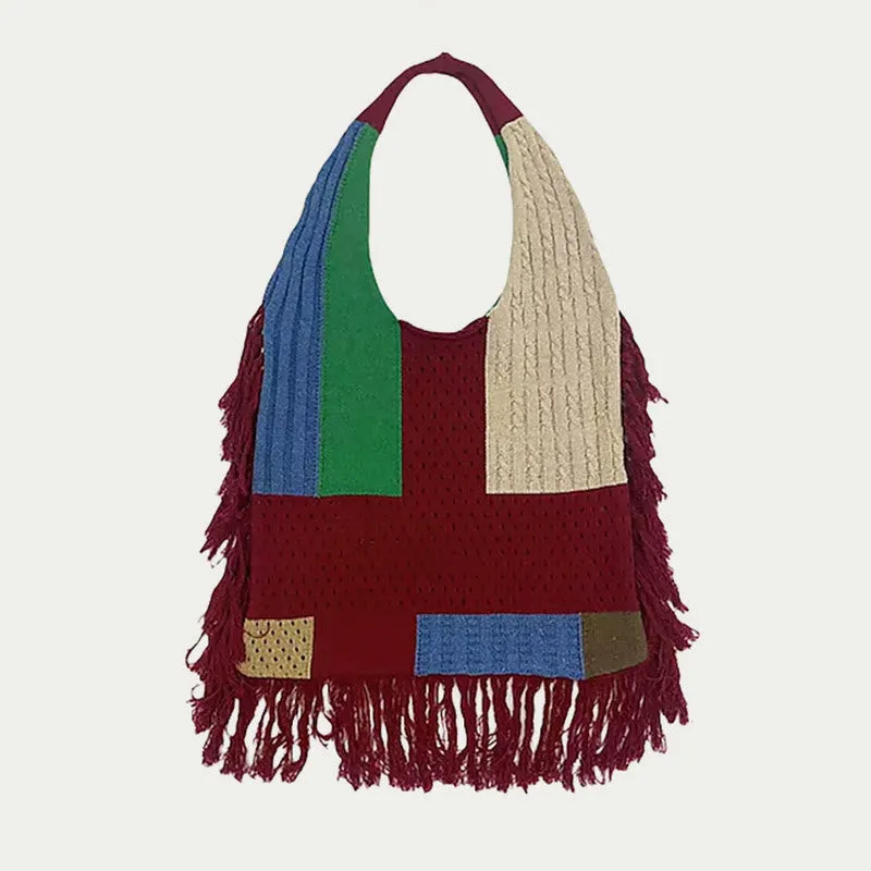 Tassel Shoulder Bag For Women Simple Retro Spliced Knitted Bag