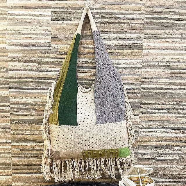 Tassel Shoulder Bag For Women Simple Retro Spliced Knitted Bag