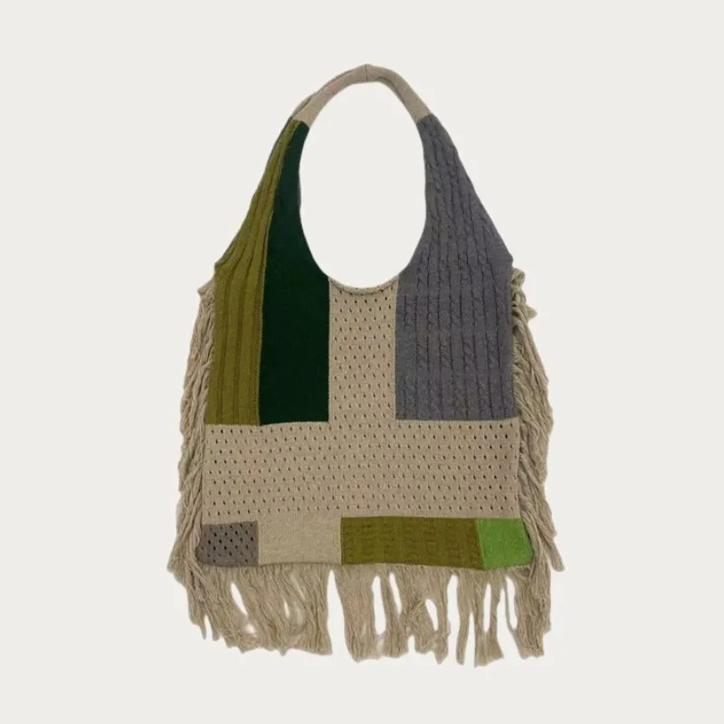 Tassel Shoulder Bag For Women Simple Retro Spliced Knitted Bag