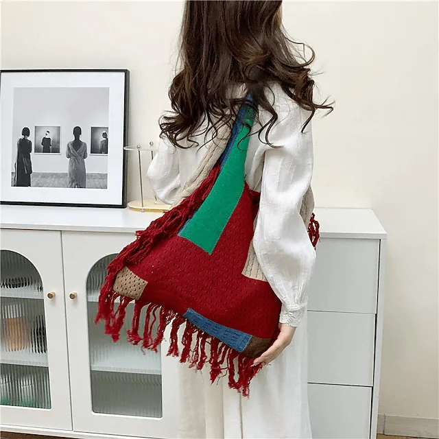 Tassel Shoulder Bag For Women Simple Retro Spliced Knitted Bag