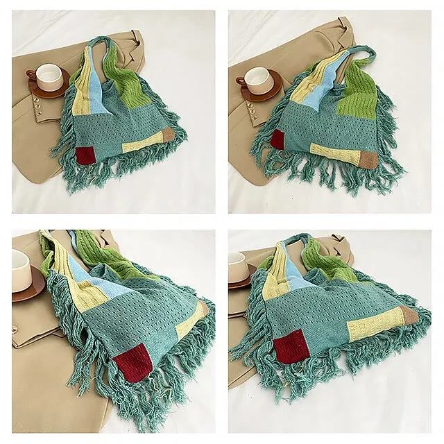 Tassel Shoulder Bag For Women Simple Retro Spliced Knitted Bag