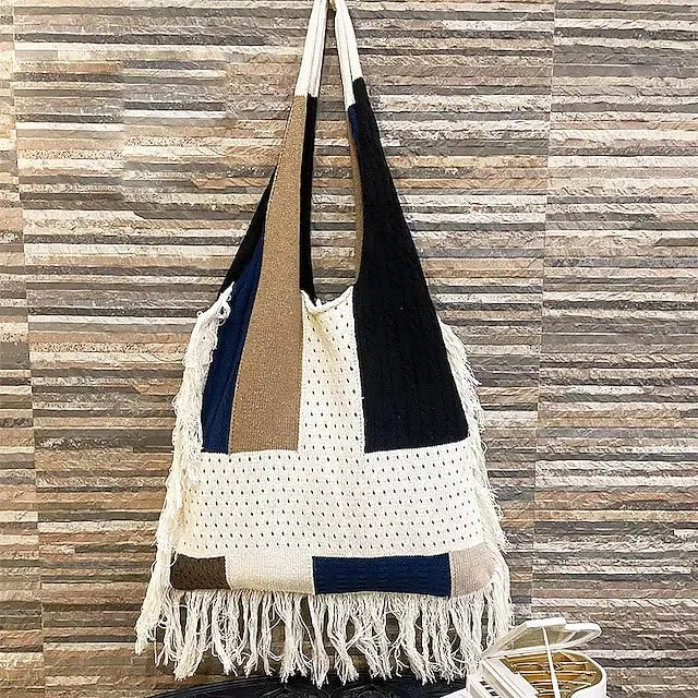 Tassel Shoulder Bag For Women Simple Retro Spliced Knitted Bag