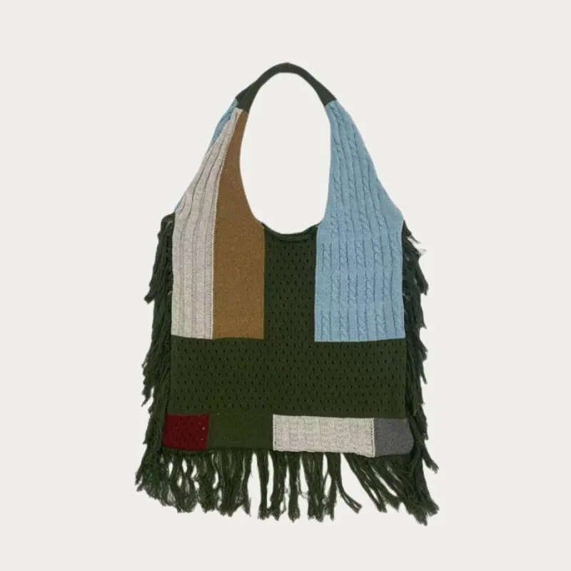 Tassel Shoulder Bag For Women Simple Retro Spliced Knitted Bag