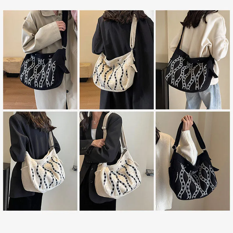 Twist Pattern Crossbody Bag Wide Strap Magnetic Buckle Commuter Bag