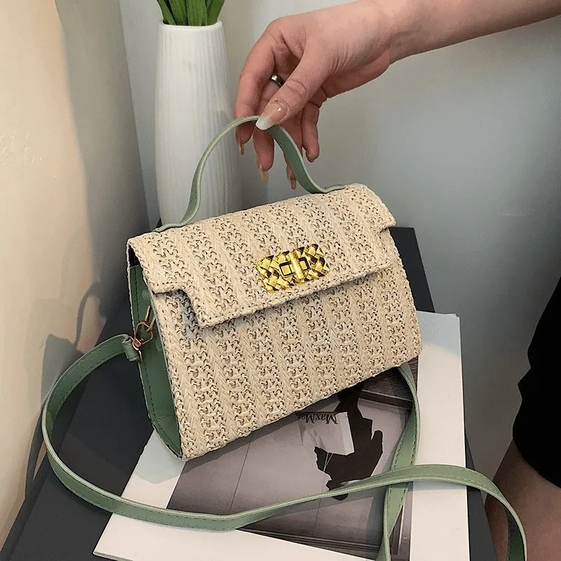 Vintage Flap Buckle Design Straw Crossbody Bag