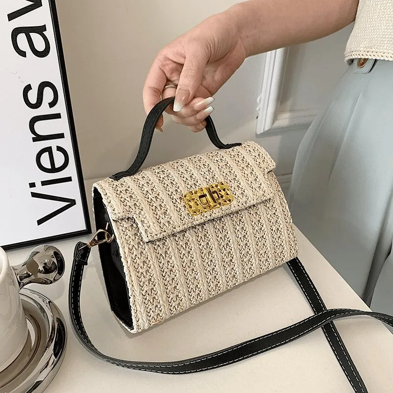 Vintage Flap Buckle Design Straw Crossbody Bag