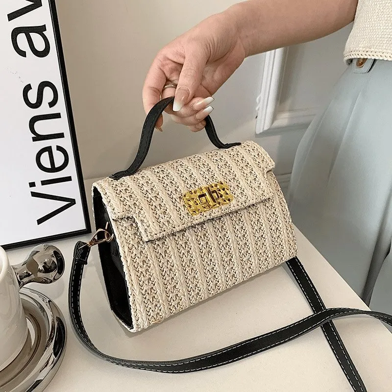 Vintage Flap Buckle Design Straw Crossbody Bag